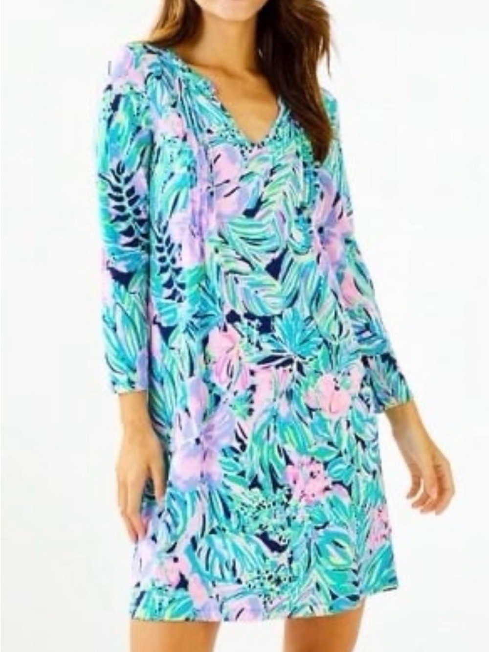 Lilly Pulitzer Teal and Pink Tropical V‑Neck Mini Dress